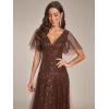 imageEverPretty Womens Sequin Sparkly VNeck Short Sleeve ALine Floor Length Formal Evening DressBrown