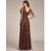 imageEverPretty Womens Sequin Sparkly VNeck Short Sleeve ALine Floor Length Formal Evening DressBrown