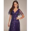 imageEverPretty Womens Sequin Sparkly VNeck Short Sleeve ALine Floor Length Formal Evening DressDeep Purple