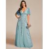 imageEverPretty Womens Sequin Sparkly VNeck Short Sleeve ALine Floor Length Formal Evening DressDusty Blue
