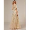 imageEverPretty Womens Sequin Sparkly VNeck Short Sleeve ALine Floor Length Formal Evening DressGold