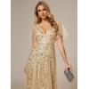 imageEverPretty Womens Sequin Sparkly VNeck Short Sleeve ALine Floor Length Formal Evening DressGold