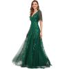 imageEverPretty Womens Sequin Sparkly VNeck Short Sleeve ALine Floor Length Formal Evening DressGreen