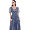 imageEverPretty Womens Sequin Sparkly VNeck Short Sleeve ALine Floor Length Formal Evening DressHaze Blue