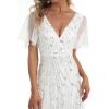 imageEverPretty Womens Sequin Sparkly VNeck Short Sleeve ALine Floor Length Formal Evening DressWhite