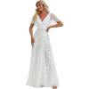 imageEverPretty Womens Sequin Sparkly VNeck Short Sleeve ALine Floor Length Formal Evening DressWhite