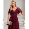 imageEverPretty Womens VNeck Flutter Sleeve Long Chiffon ALine Appliqued Waist Bridesmaid DressBurgundy