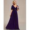 imageEverPretty Womens VNeck Flutter Sleeve Long Chiffon ALine Appliqued Waist Bridesmaid DressDeep Purple