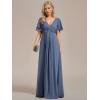 imageEverPretty Womens VNeck Flutter Sleeve Long Chiffon ALine Appliqued Waist Bridesmaid DressDusty Navy