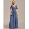 imageEverPretty Womens VNeck Flutter Sleeve Long Chiffon ALine Appliqued Waist Bridesmaid DressDusty Navy