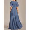 imageEverPretty Womens VNeck Flutter Sleeve Long Chiffon ALine Appliqued Waist Bridesmaid DressDusty Navy
