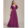 imageEverPretty Womens VNeck Flutter Sleeve Long Chiffon ALine Appliqued Waist Bridesmaid DressFuchsia