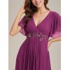 imageEverPretty Womens VNeck Flutter Sleeve Long Chiffon ALine Appliqued Waist Bridesmaid DressFuchsia