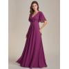 imageEverPretty Womens VNeck Flutter Sleeve Long Chiffon ALine Appliqued Waist Bridesmaid DressFuchsia