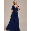 imageEverPretty Womens VNeck Flutter Sleeve Long Chiffon ALine Appliqued Waist Bridesmaid DressNavy Blue