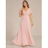 imageEverPretty Womens VNeck Flutter Sleeve Long Chiffon ALine Appliqued Waist Bridesmaid DressPink