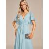 imageEverPretty Womens VNeck Flutter Sleeve Long Chiffon ALine Appliqued Waist Bridesmaid DressSky Blue