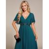 imageEverPretty Womens VNeck Flutter Sleeve Long Chiffon ALine Appliqued Waist Bridesmaid DressTeal