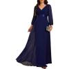 imageEverPretty Womens Chiffon ALine Floor Length V Neck Pleated Long Sleeves Evening Formal Dress 03890Navy Blue