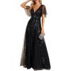 imageEverPretty Womens Sequin Sparkly VNeck Short Sleeve ALine Floor Length Formal Evening DressBlack