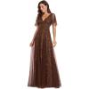 imageEverPretty Womens Sequin Sparkly VNeck Short Sleeve ALine Floor Length Formal Evening DressBrown