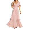imageEverPretty Womens VNeck Flutter Sleeve Long Chiffon ALine Appliqued Waist Bridesmaid DressPink