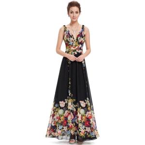 imageEverPretty Womens Bridesmaid Dress VNeck Sleeveless A Line Chiffon Floor Length Formal Dress 09016Black Printed
