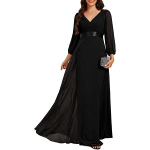 imageEverPretty Womens Chiffon ALine Floor Length V Neck Pleated Long Sleeves Evening Formal Dress 03890Black
