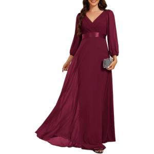 imageEverPretty Womens Chiffon ALine Floor Length V Neck Pleated Long Sleeves Evening Formal Dress 03890Burgundy