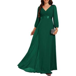 imageEverPretty Womens Chiffon ALine Floor Length V Neck Pleated Long Sleeves Evening Formal Dress 03890Dark Green