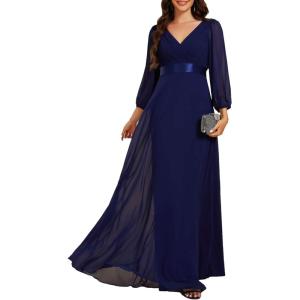imageEverPretty Womens Chiffon ALine Floor Length V Neck Pleated Long Sleeves Evening Formal Dress 03890Navy Blue