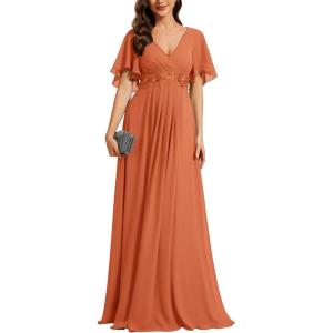 imageEverPretty Womens Chiffon ALine Ruched Short Sleeves Applique Waist V Neck Formal Evening DressesBrandied Melon
