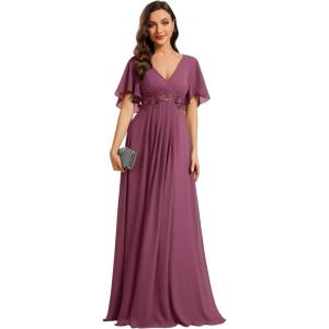 imageEverPretty Womens Chiffon ALine Ruched Short Sleeves Applique Waist V Neck Formal Evening DressesDamson