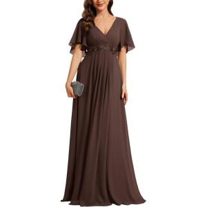 imageEverPretty Womens Chiffon ALine Ruched Short Sleeves Applique Waist V Neck Formal Evening DressesEspresso