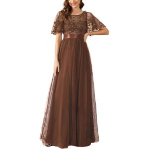 imageEverPretty Womens Elegant Crew Neck Sequin Ruffle Sleeve Empire Waist ALine Long Formal Evening DressesBrown