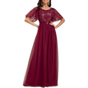 imageEverPretty Womens Elegant Crew Neck Sequin Ruffle Sleeve Empire Waist ALine Long Formal Evening DressesBurgundy