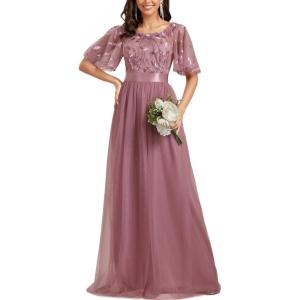 imageEverPretty Womens Elegant Crew Neck Sequin Ruffle Sleeve Empire Waist ALine Long Formal Evening DressesOrchid
