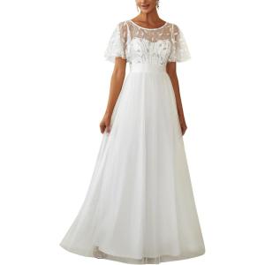 imageEverPretty Womens Elegant Crew Neck Sequin Ruffle Sleeve Empire Waist ALine Long Formal Evening DressesWhite