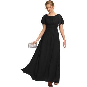imageEverPretty Womens Elegant Round Neck Short Sleeves Chiffon Empire Waist Floor Length Formal Bridesmaid Dress 01840PHBlack
