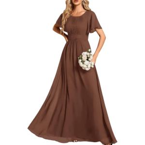 imageEverPretty Womens Elegant Round Neck Short Sleeves Chiffon Empire Waist Floor Length Formal Bridesmaid Dress 01840PHBrown