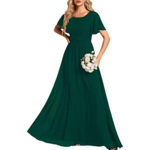 imageEverPretty Womens Elegant Round Neck Short Sleeves Chiffon Empire Waist Floor Length Formal Bridesmaid Dress 01840PHDark Green