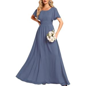 imageEverPretty Womens Elegant Round Neck Short Sleeves Chiffon Empire Waist Floor Length Formal Bridesmaid Dress 01840PHDusty Blue
