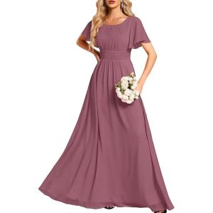 imageEverPretty Womens Elegant Round Neck Short Sleeves Chiffon Empire Waist Floor Length Formal Bridesmaid Dress 01840PHOrchid