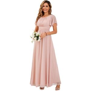 imageEverPretty Womens Elegant Round Neck Short Sleeves Chiffon Empire Waist Floor Length Formal Bridesmaid Dress 01840PHPink