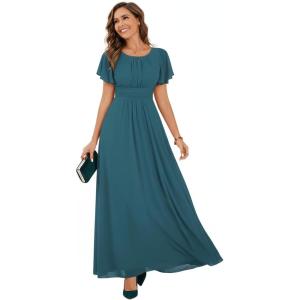 imageEverPretty Womens Elegant Round Neck Short Sleeves Chiffon Empire Waist Floor Length Formal Bridesmaid Dress 01840PHTeal
