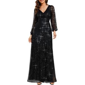 imageEverPretty Womens Elegant V Neck ALine Floor Length Long Sleeves Sparkly Sequin Formal Dress 01999Black
