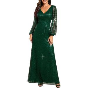 imageEverPretty Womens Elegant V Neck ALine Floor Length Long Sleeves Sparkly Sequin Formal Dress 01999Dark Green