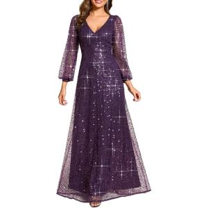 imageEverPretty Womens Elegant V Neck ALine Floor Length Long Sleeves Sparkly Sequin Formal Dress 01999Dark Purple