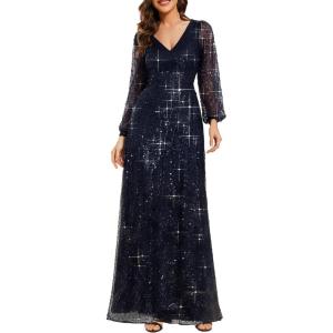 imageEverPretty Womens Elegant V Neck ALine Floor Length Long Sleeves Sparkly Sequin Formal Dress 01999Navy Blue
