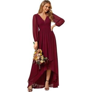 imageEverPretty Womens Fall Elegant A Line V Neck Ruched High Low Long Sleeve Formal Wedding Guest Dresses 2043Burgundy